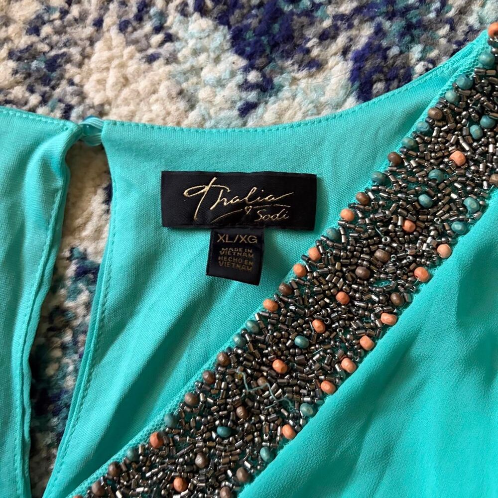 Thalia Sodi Teal Beaded Mini Dress Sleeveless Tie Waist Hi Low Turquoise XL - Picture 5 of 8